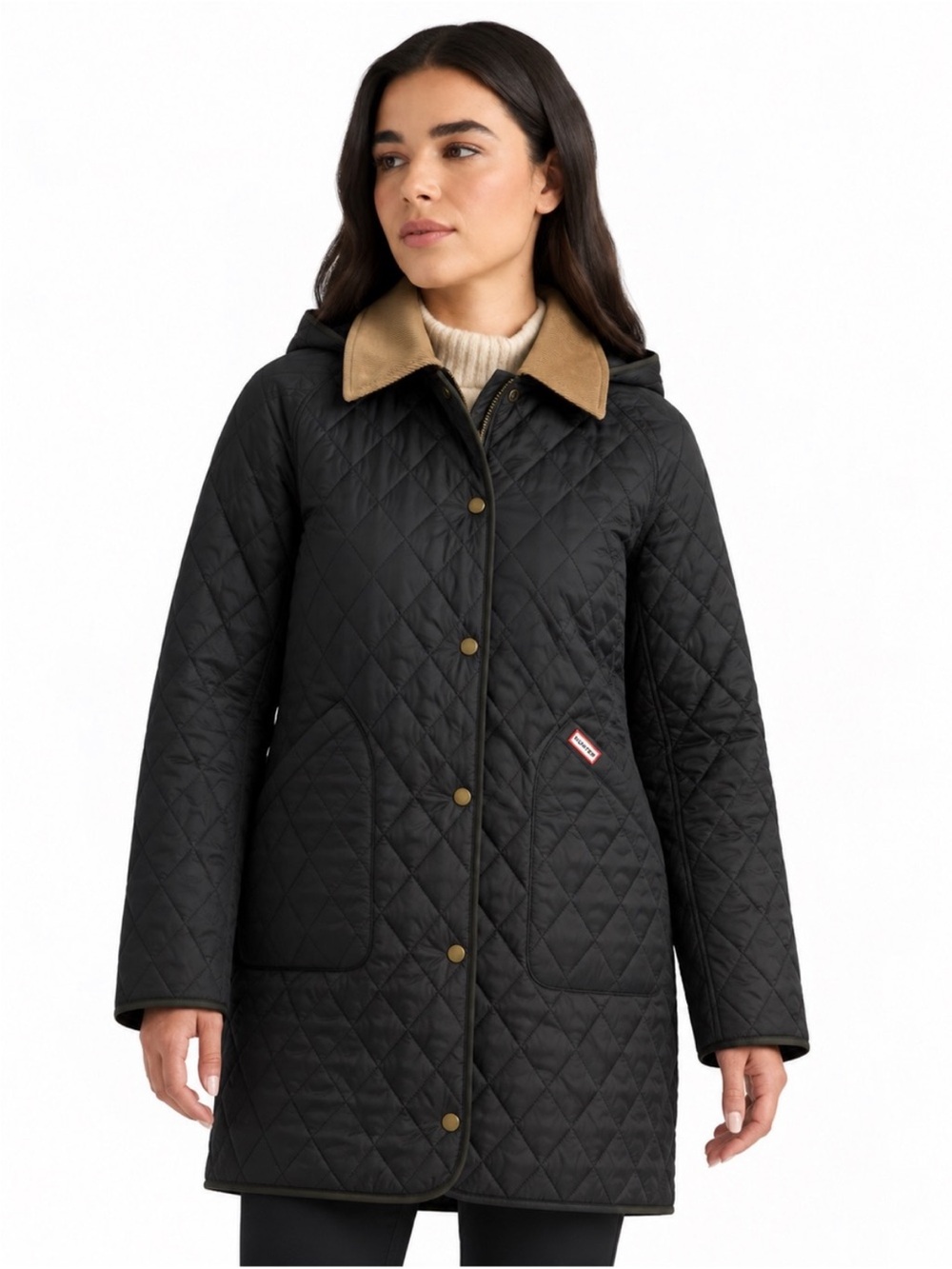 Hunter Black Quilted Hooded Coat with Tan Collar